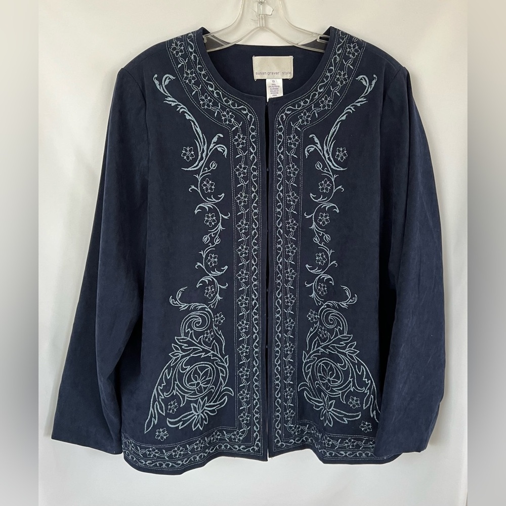 Susan Graver Style Embroidered Collarless Floral Blazer Jacket Womens 1X